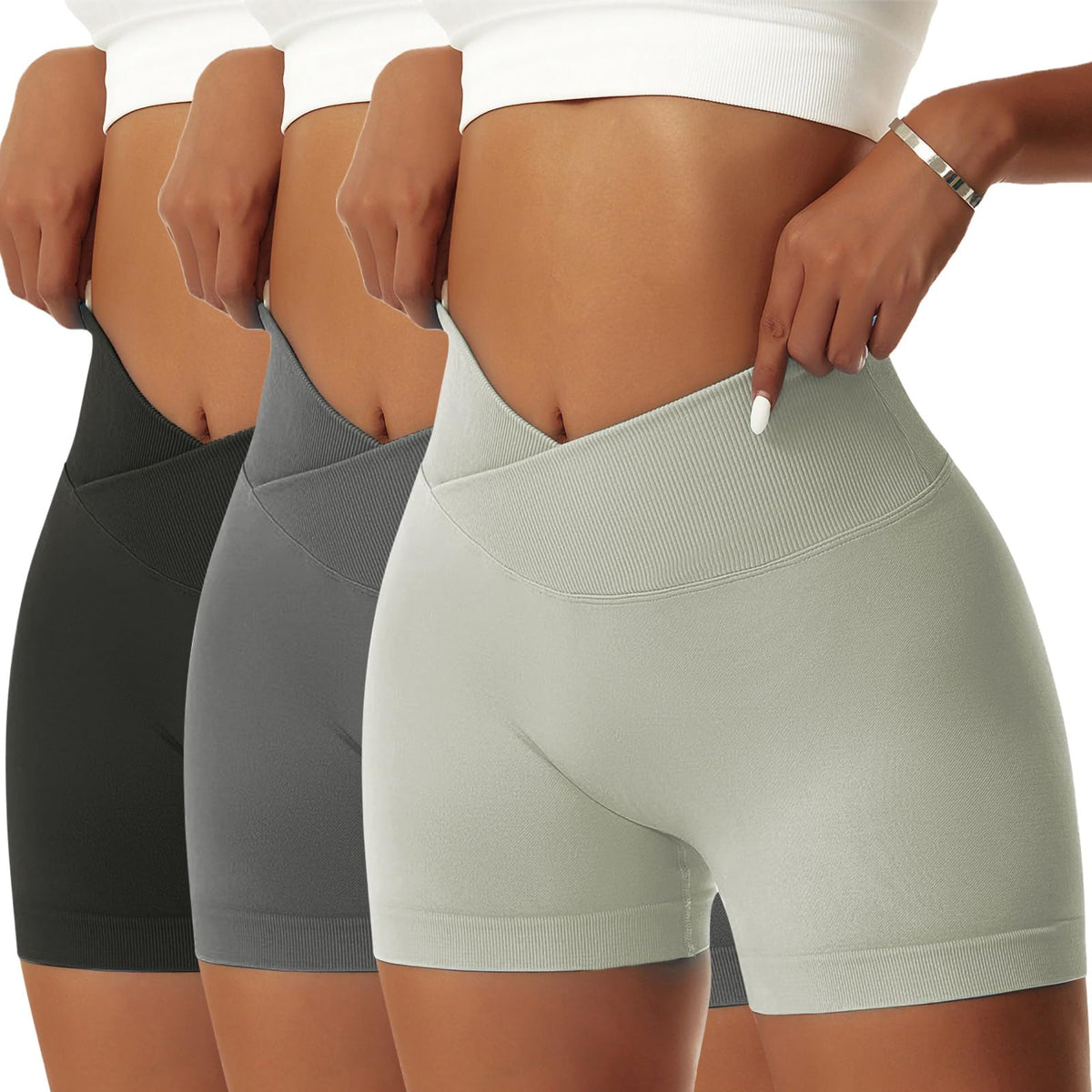 Vertvie 3 Pack Crossover Biker Shorts for Women Scrunch Butt V Cross Workout Gym Shorts High Waisted Running Yoga Shorts (Black/Dark Gray/Grey Green, Small)