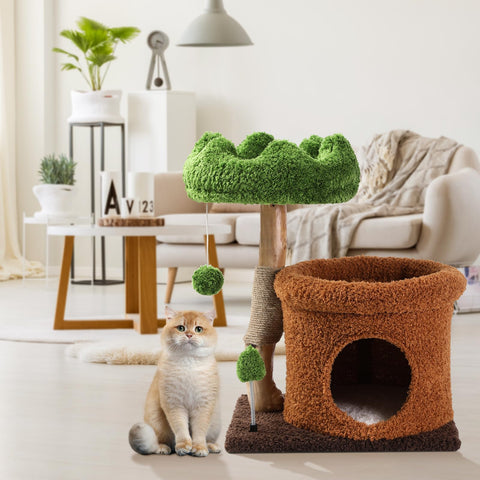 Small Cat Tree Tower for Indoor Cats Large Adult,Cute Green Wood Cat Tree Tower with Scratching Post,Flower Cat Tree with Cat Condo,Modern Cat Tree with Dangling Ball and Christmas Tree for Large Cat