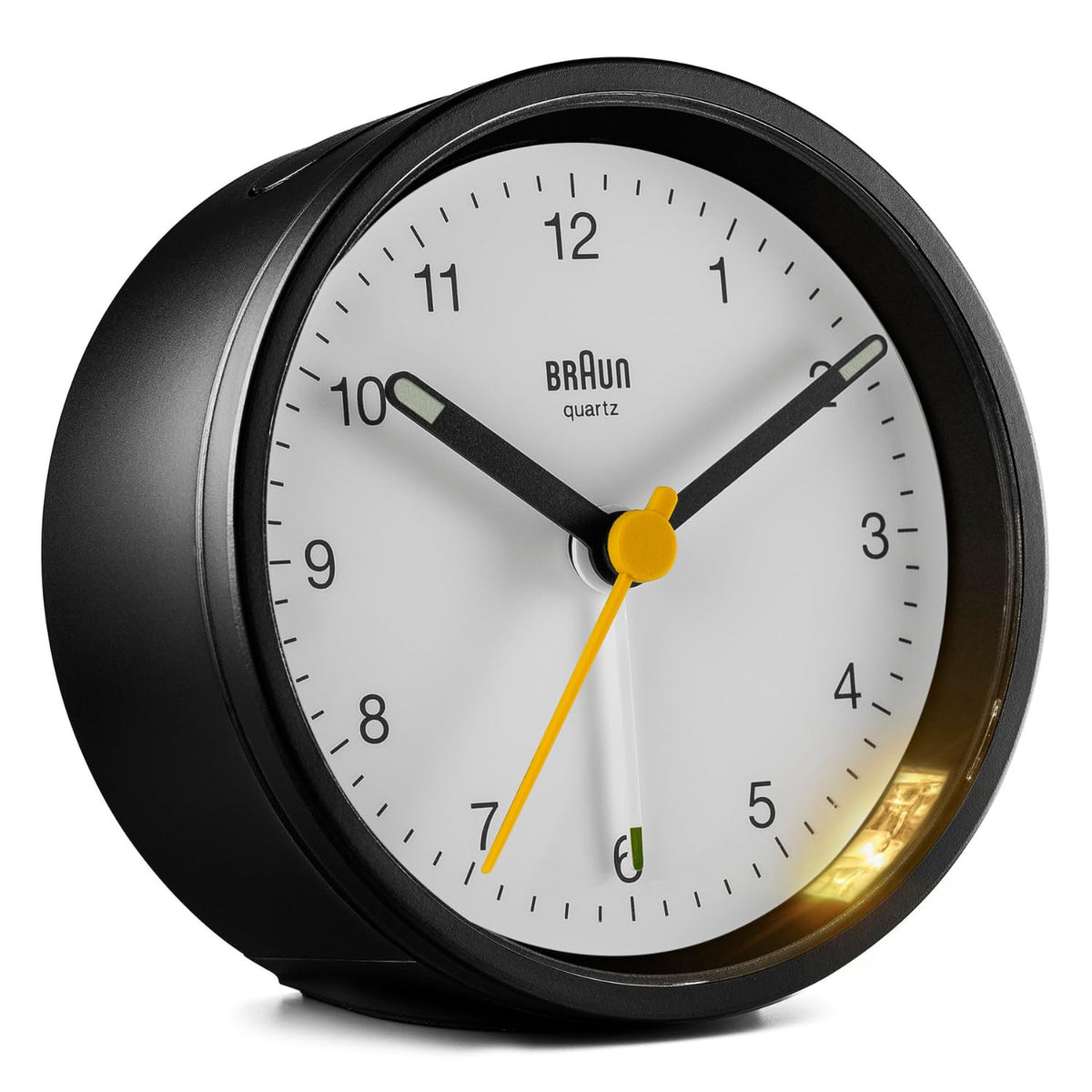 Braun Classic Analogue Alarm Clock with Snooze and Light, Quiet Quartz Movement, Crescendo Beep Alarm in Black and White, model BC12BW.