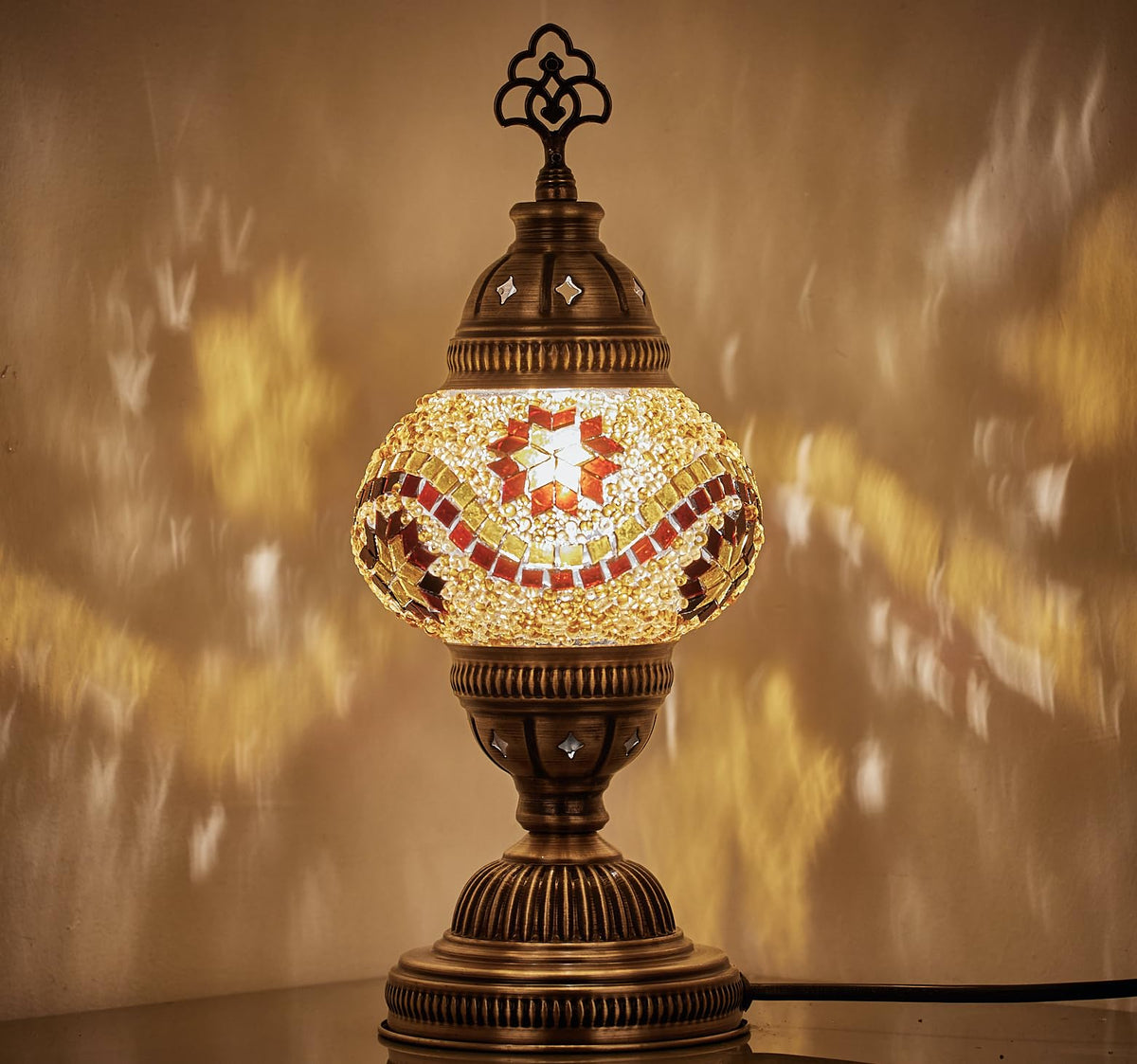 DEMMEX Handmade Colorful Mosaic Glass Table Desk Bedside Lamp Lampshade with Antique Brass Base, Small 11.8x5.5 (Amber Nights)