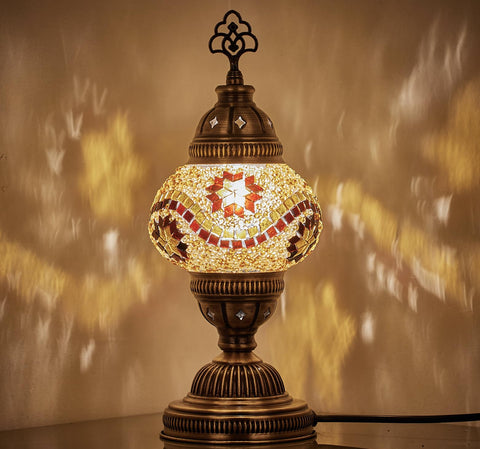 DEMMEX Handmade Colorful Mosaic Glass Table Desk Bedside Lamp Lampshade with Antique Brass Base, Small 11.8x5.5 (Amber Nights)