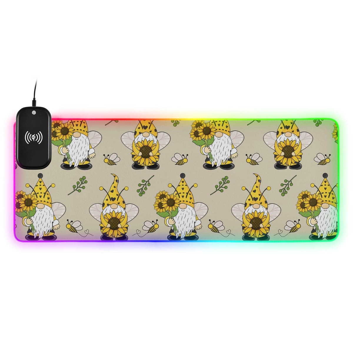 Gnomes Bees Sunflowers Wireless Charging Mouse Pad for Mobile Phone Extra Large Gaming Mousepad with 13 Lighting Modes Computer Mat for Office Home Gaming MacBook PC Laptop Desk