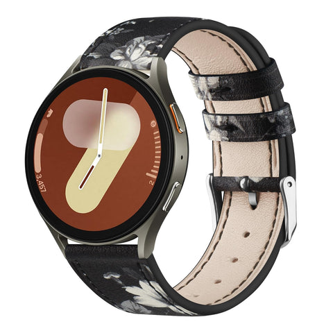 Leather Straps for Samsung Galaxy Watch 7/6/5/4 40mm 44mm Watch 5 Pro 45mm/Watch 6 Classic 43mm 47mm/Watch 4 Classic 42mm 46mm/Watch FE 40mm/Watch 3 41mm/Watch Active 2 (Black Gray Flower)