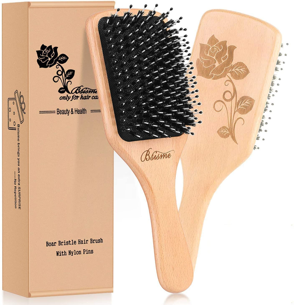 Bsisme Boar Bristles Hair Brush,Detangling Hairbrushes for Long Short Curly Straight Fine Hair,Women Men Boys Girls Hairbrush (Normal square)