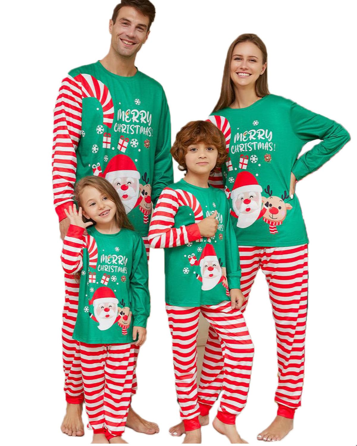 NMVB Matching Family Pajamas Set, Green Top with Red and White Striped Santa Claus Print Christmas Family Matching Pajamas Set, Matching Outfits Xmas Long Sleeve Family Pyjamas Set