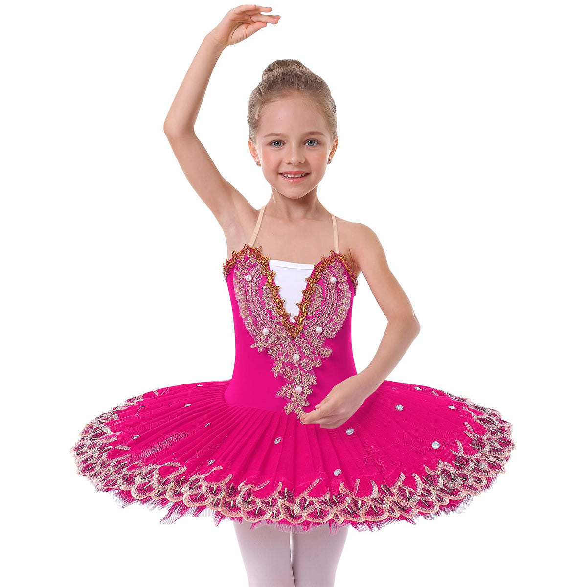IBAKOM Girls Ballet Dance Dress Swan Lake Sling Strap Lace Pearl Embroidery Camisole Gymnastic Leotard Tutu Costume Figure Skating Dancewear Ballerina Outfit Hot Pink 9-10 Years
