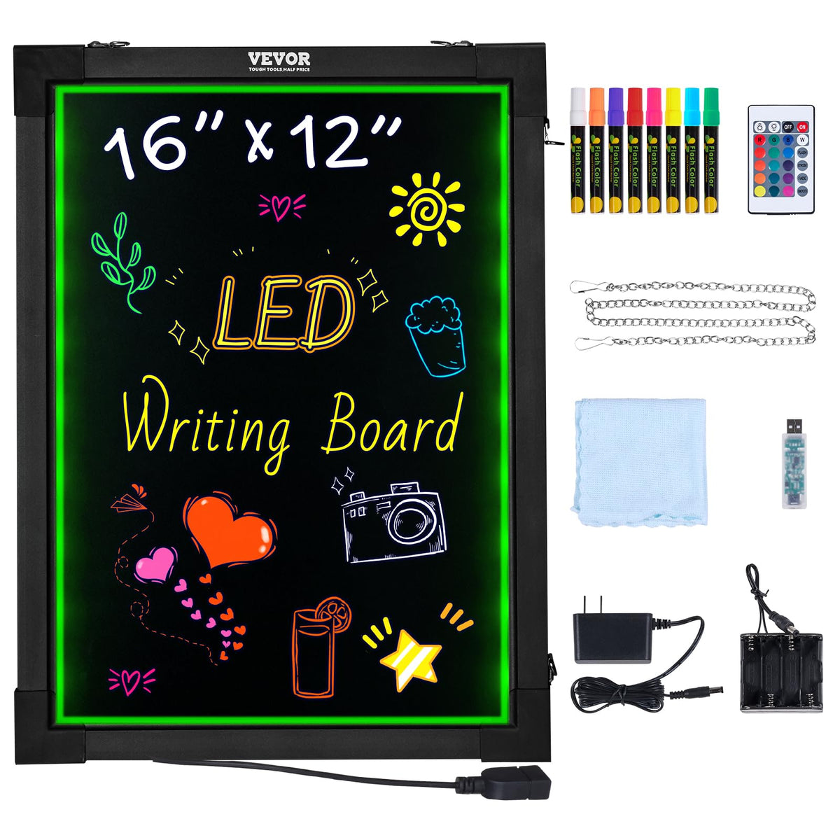 VEVOR LED Message Writing Board, 16"x12" Illuminated Erasable Lighted Chalkboard, Neon Effect Menu Sign Board, Drawing Board with 8 Fluorescent Chalk Markers and Remote Control, for Home Wedding Shop