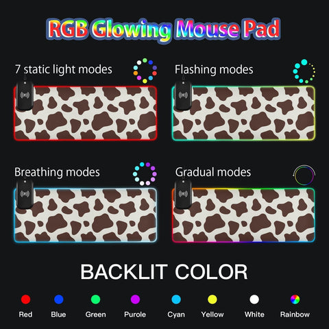 Brown White Cow Textures Wireless Charging Mouse Pad for Mobile Phone Extra Large Gaming Mousepad with 13 Lighting Modes Extended Desk Mat for Gaming MacBook PC Laptop Desk Office Home