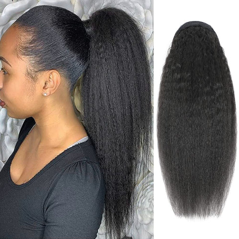 Adette 16 Inches Kinky Straight Ponytails Human Hair Drawstring Ponytail Extension Kinky Straight Clip in Pony Tail Hair Extensions for Black Women Natural Black Hair Pieces