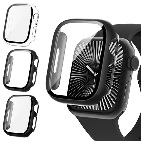 Fullife 3 Pack Screen Protector 46mm Compatible for Apple Watch Series 10 with 9H Tempered Glass,Overall Shockproof Cover Protective Case for iWatch 46mm(Black/Grey/Transparent)