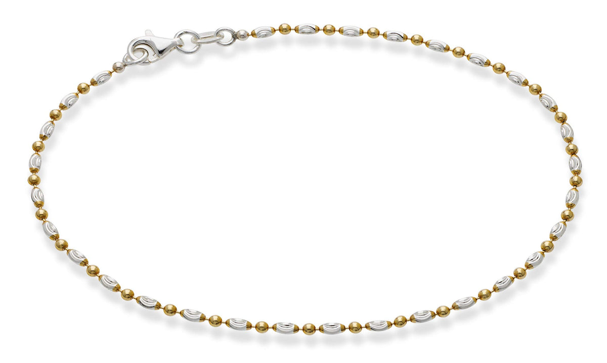 Miabella 925 Sterling Silver Diamond-Cut Oval and Round Bead Ball Chain Anklet Ankle Bracelet for Women, Made in Italy (yellow-gold-plated-silver, Length 9 Inches (X-Small))