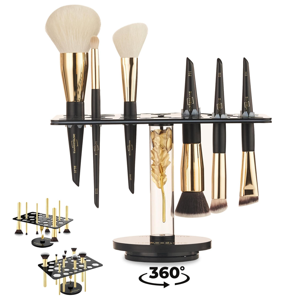 ImpressionZ Luxurious Makeup Brush Holder and Drying Rack with 360° Rotating Base - Acrylic Makeup Brush Organizer with 32 Slots for All Types of Brushes, Space-Saving & Efficient Design
