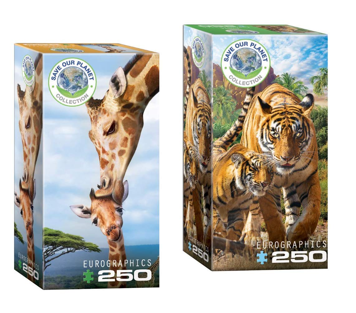 Eurographics 250 Piece African Animal Puzzle Set - Tiger and Giraffe Jigsaw Puzzles - Two 250 Piece Wildlife Puzzles for Kids and Adults. Mother Tiger with Baby and Giraffe Mother's Kiss