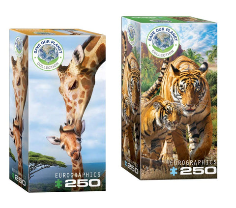 Eurographics 250 Piece African Animal Puzzle Set - Tiger and Giraffe Jigsaw Puzzles - Two 250 Piece Wildlife Puzzles for Kids and Adults. Mother Tiger with Baby and Giraffe Mother's Kiss