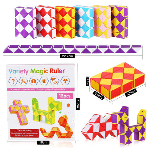 O-Kinee 12 Pack 24 Blocks Magic Snake Cube, Mini Snake Speed Cubes, Twist Puzzle Toys for Kids Party Bag Fillers, Party Favours, Random Color (12pcs-B)