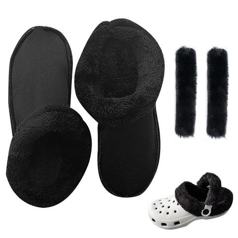 KASESSS Insoles for Crocs Clogs Replacement, Shoes Warm Liner Clogs, Fur Insoles Soft Fuzzy with Shoelace Cover, Black Fur Insert Lining Shoe Inner for Shoes Clogs Removable Insole Inside Length 240mm