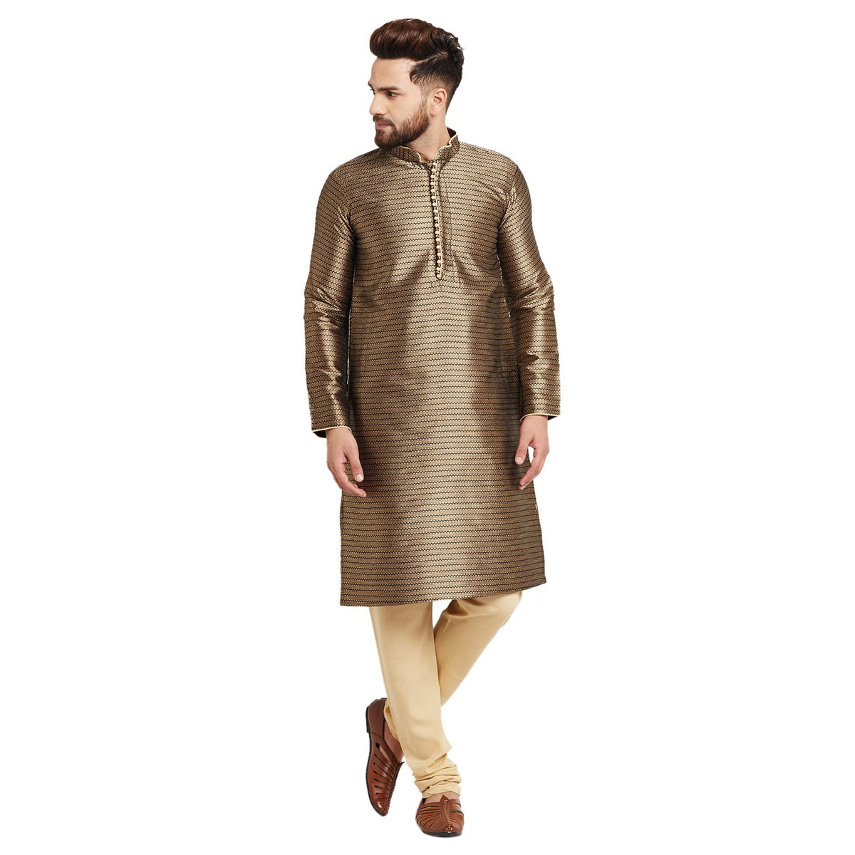 Royal Kurta Men's Fancy Jacquard Silk Kurta Churidaar Set X-Large Black