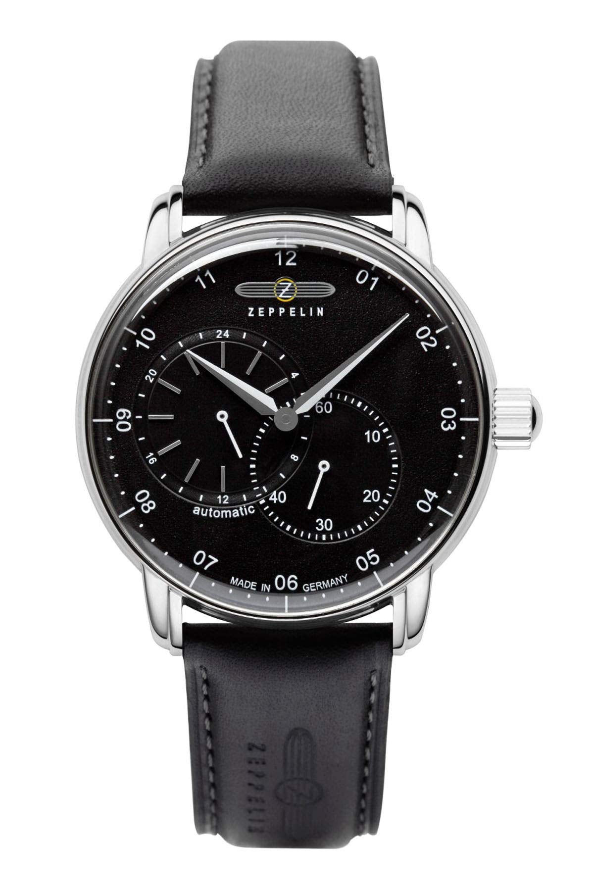 Zeppelin 8662 Men's Watch with Leather Strap New Captain's Line Series Automatic 24 Hour Display, 8662-2 - Black / Black