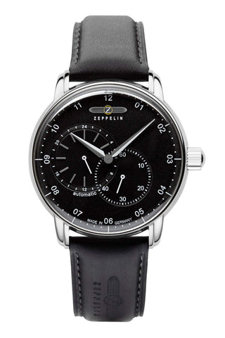 Zeppelin 8662 Men's Watch with Leather Strap New Captain's Line Series Automatic 24 Hour Display, 8662-2 - Black / Black