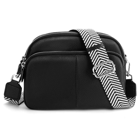 befen Genuine Leather Crossbody Bag for Women Black Shoulder Bag Middle Triple Camera Bag for Women Cell Phone Bag with Wide Adjustable Strap