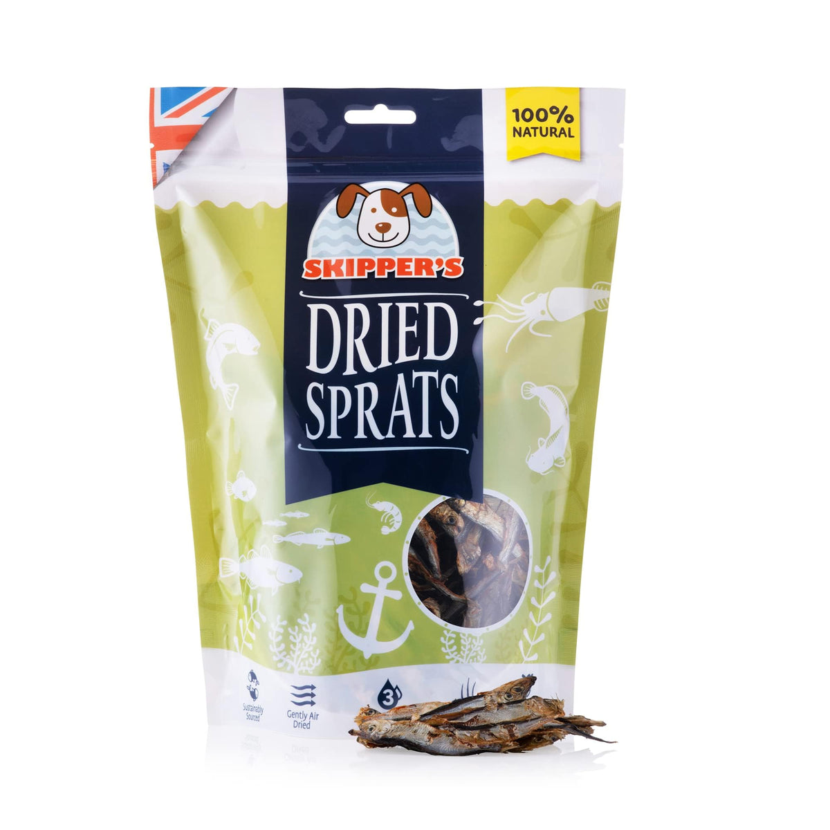 SKIPPER'S Dried Sprats Dog Treats - High in Protein with Essential Omega 3 Oils, Good for Skin & Digestion, Grain Free Natural Fish Treat | Healthy & Gently Air-Dried Sprats (250g)