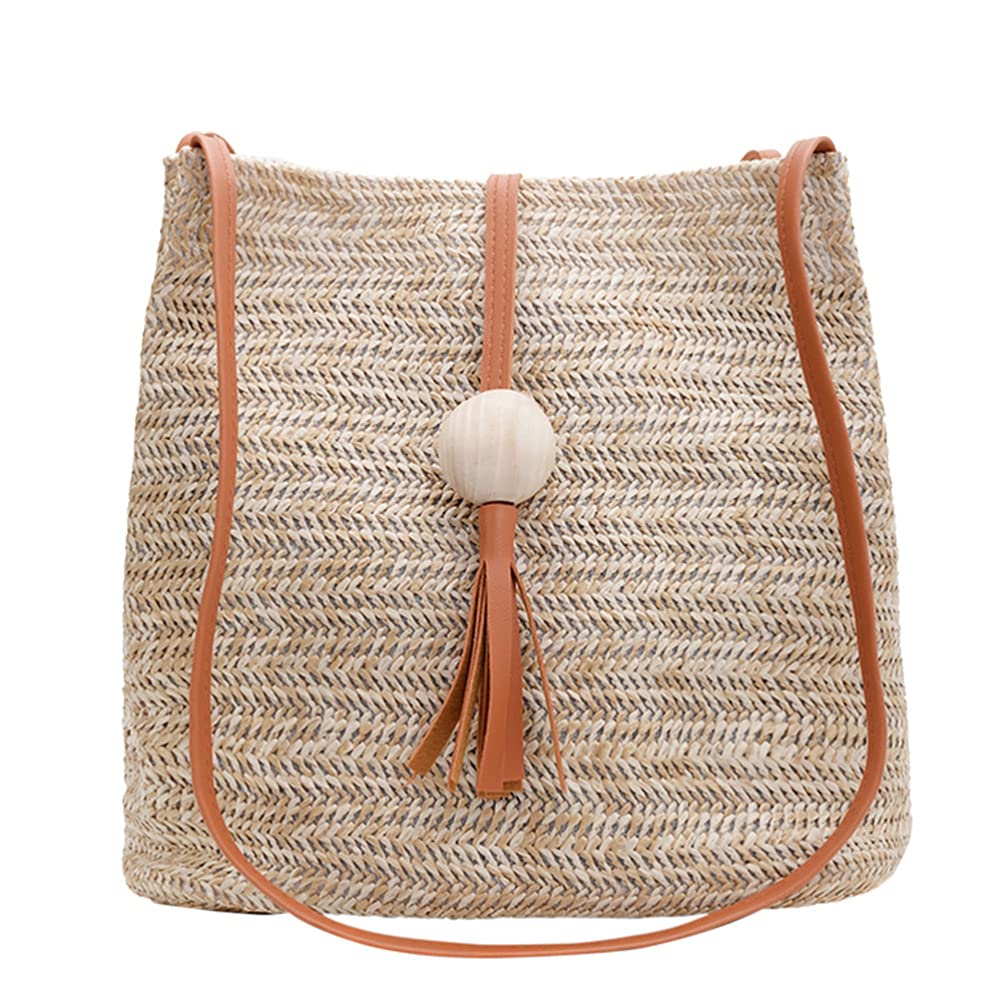 Amosfun Straw Woven Bucket Bag Straw Tassel Handbag Tote Shoulder Bag with Leather Strap for Women Girls (Brown)