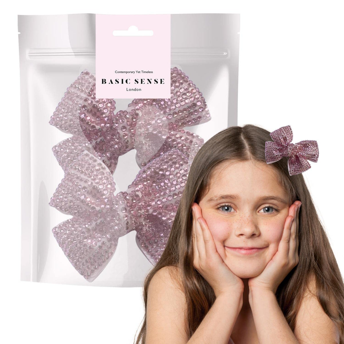 BasicSense 2 Pieces Rhinestone Bow Hair Clips Diamante Ribbon Crocodile Alligator for Girls, Baby Pink