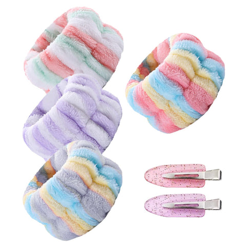4 Plush Wristbands, 2 Bangs Clips, Sweat Wristbands, Absorbent Wristbands, Soft Flannel Wristbands, Elastic Wristbands, Suitable for Sports, Washing (4 Colors)