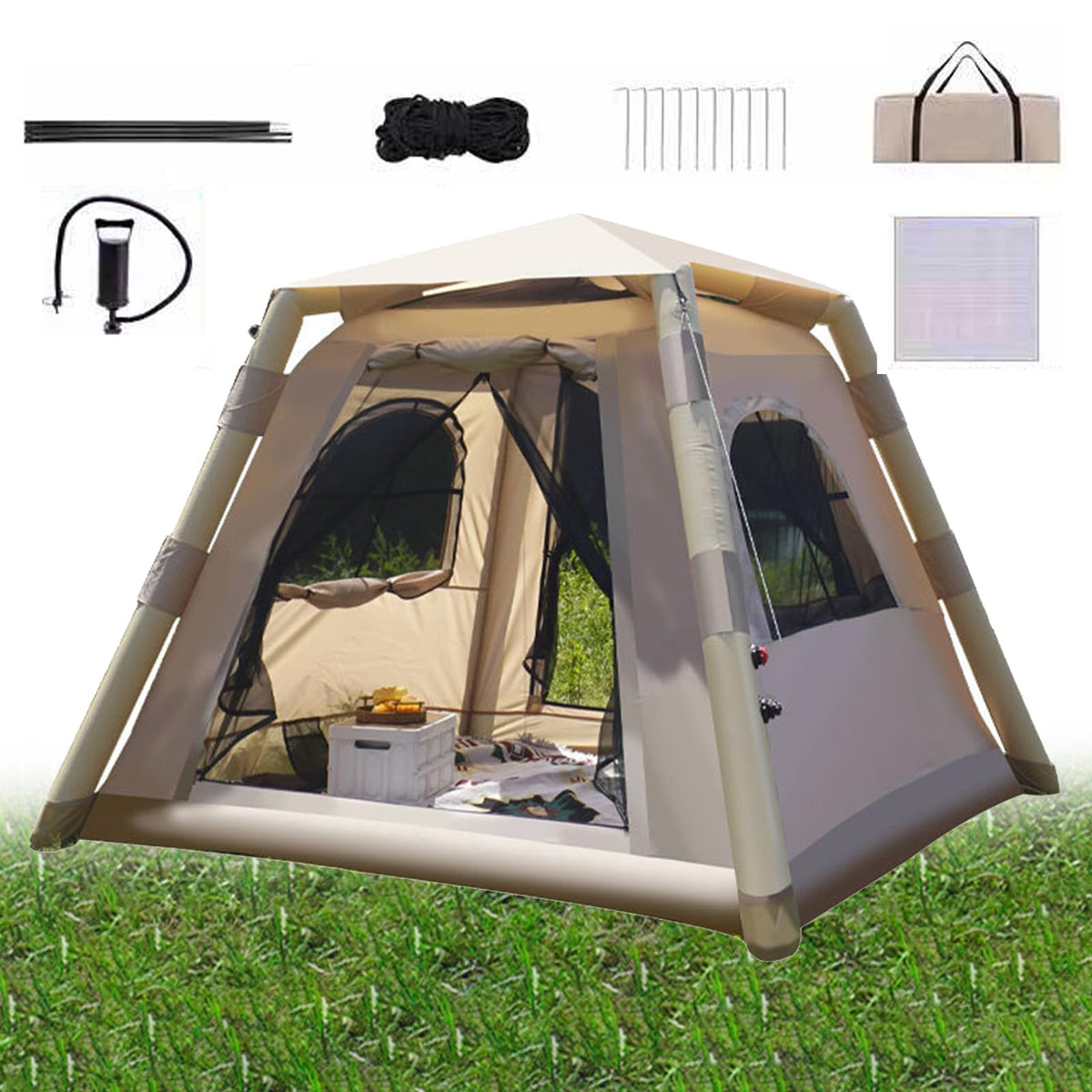 Camping Tent Inflatable, Easy Setup Portable 2-4 Persons Waterproof Windproof Outdoor Prevent for Camping, Festivals, Backyard, Sleepovers with Carry Bag Large Mesh Windows. Manual inflatable model