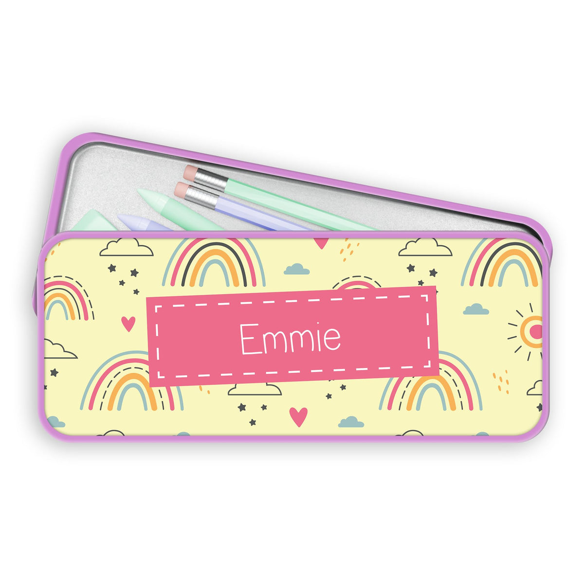 Print Maniacs Personalised Rainbow Pencil Case Tin Kids Boys Girls Back to School Stationary Organizers Bag Any Name (Pink Case)