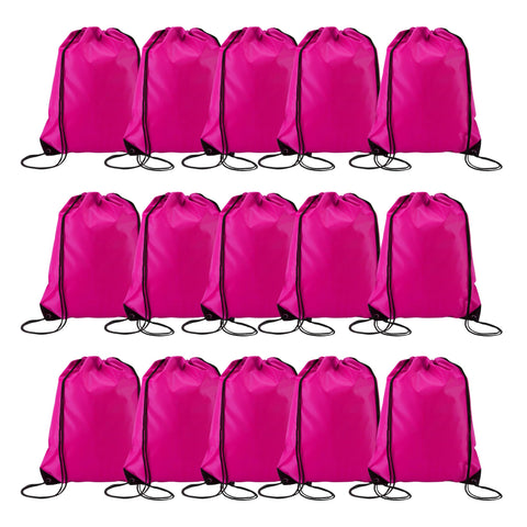 Playcrate 15 Drawstring Bags Backpack - Party Gift Bags & Sports String Bag for Gym, School, Travel Storage Organization (Pink)