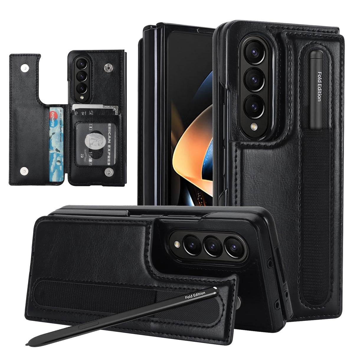 XIMAND for Samsung Galaxy Z Fold 4 Wallet Case with Credit Card Holder and S-Pen Holder,Fold Premium Leather Magnetic Clasp Kickstand Heavy Duty Protective Cover.(Black)