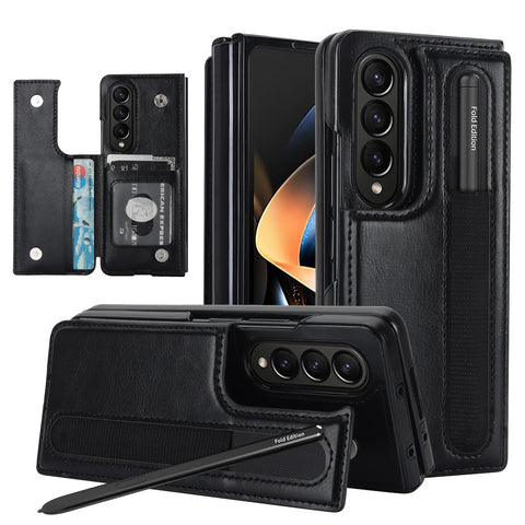 XIMAND for Samsung Galaxy Z Fold 4 Wallet Case with Credit Card Holder and S-Pen Holder,Fold Premium Leather Magnetic Clasp Kickstand Heavy Duty Protective Cover.(Black)