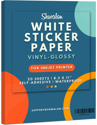 SHWALON 20 Sheets White Vinyl Printable Sticker Paper for Inkjet Printer - Letter size (8.5" x 11") Glossy, 100UM Inkjet Sticker Paper Waterproof, DIY Cricut Sticker Paper Printable.