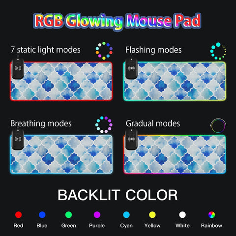 Blue Moroccan Tile Wireless Charging Mouse Pad for Mobile Phone Extra Large Gaming Mousepad with 13 Lighting Modes Extended Desk Mat for Gaming MacBook PC Laptop Desk Office Home