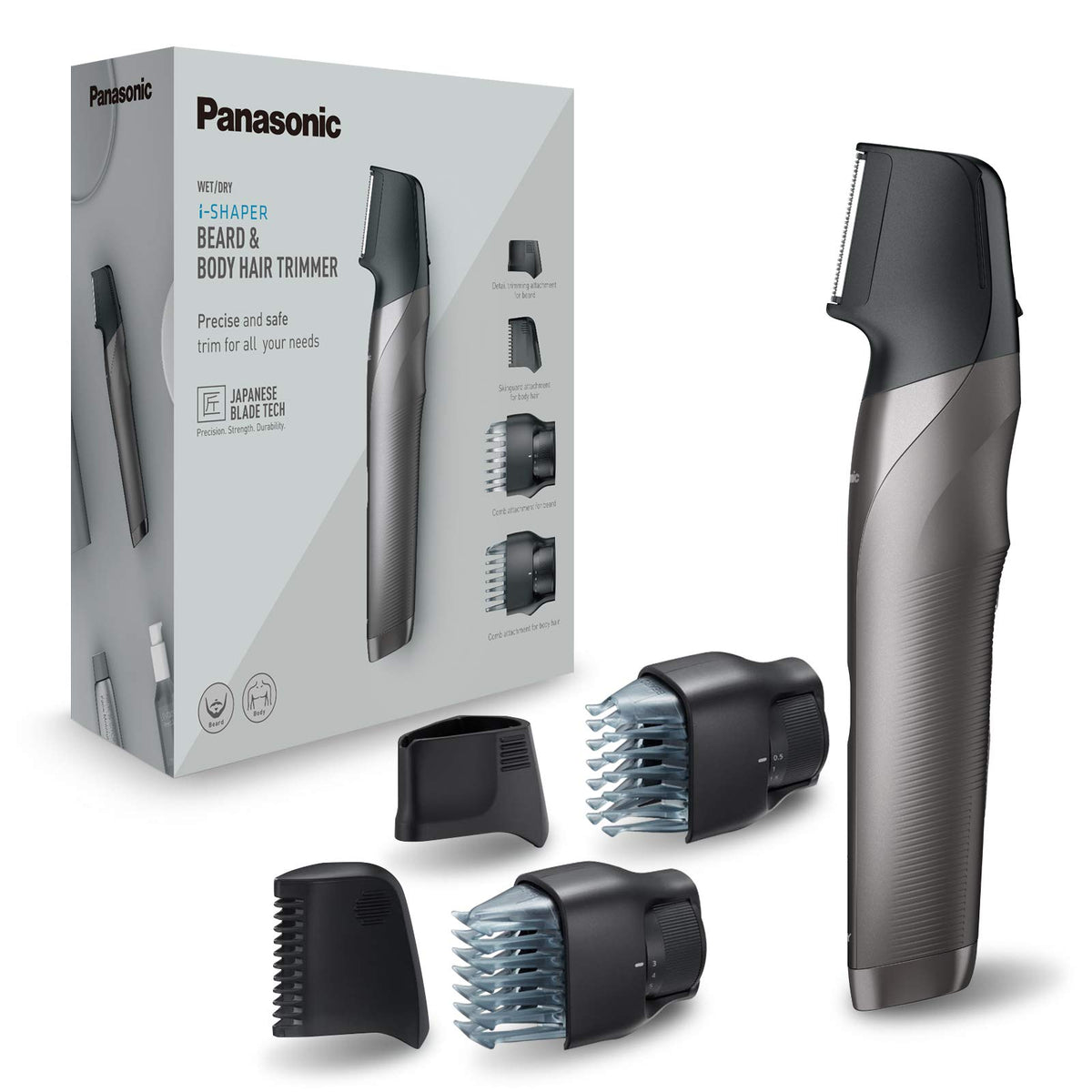 Panasonic ER-GY60-H503 Beard and Precision Trimmer 3-in-1 Rechargeable Blade Shape i-Shaper 4 Attachments Stainless Steel Comb for Sensitive Areas and Beard Trimmer - Silver