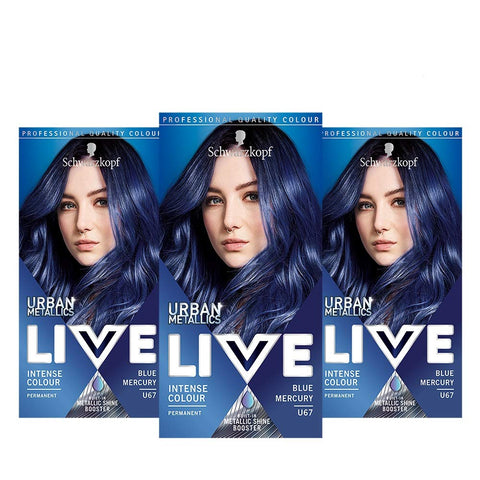 Schwarzkopf Live Intense Colour Hair Dye, Permanent Colour & Built-In Vibrancy Serum - 3x U67 Blue Mercury