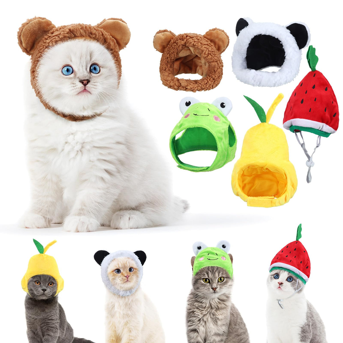Weewooday 5 Pieces Cat Hat Cat Costume Bunny Hat with Ears Funny Banana Pineapple Cat Hat for Cats and Small Dogs Kitten Puppy Party Costume Accessory Headwear (Lovely Style)