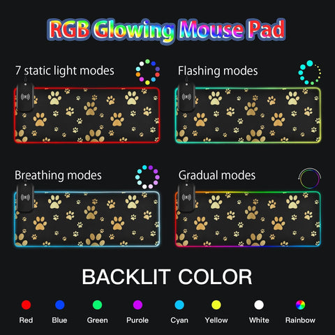 Dog Gold Paw Prints Wireless Charging Mouse Pad for Mobile Phone Extra Large Gaming Mousepad with 13 Lighting Modes Computer Mat for Gaming MacBook PC Laptop Desk Home Office