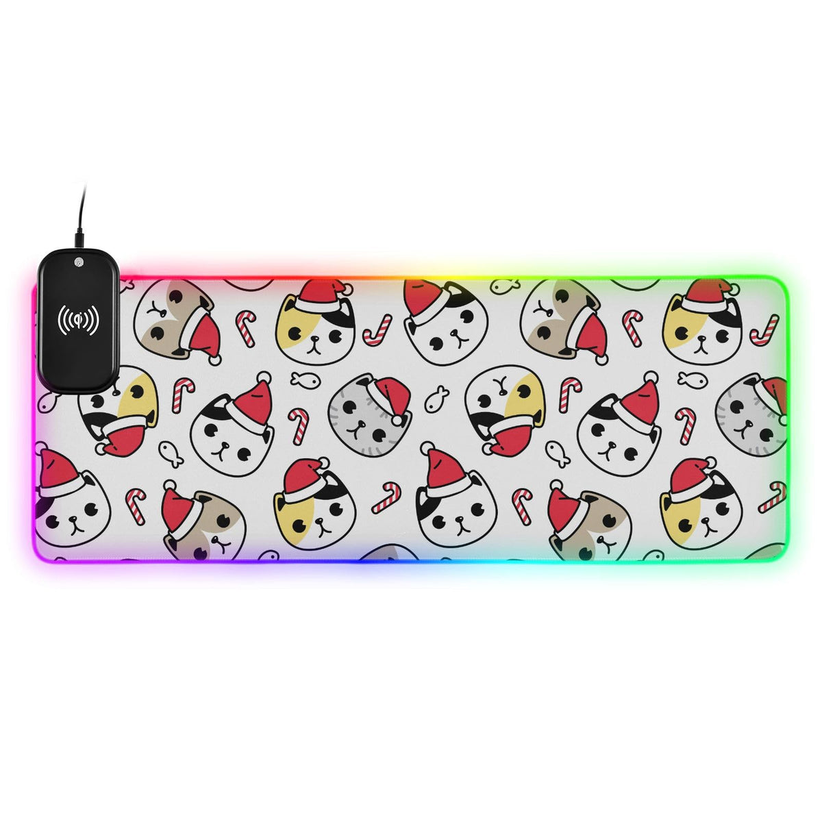Christmas Cat Santa Wireless Charging Mouse Pad for Mobile Phone Extra Large Gaming Mousepad with 13 Lighting Modes Computer Mat for Office Home Gaming MacBook PC Laptop Desk