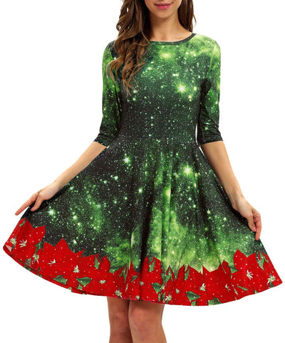 GLUDEAR Women's Funny Christmas Snowflake Print Pullover Flared A Line Dress,Green Galaxy Flower,S/M