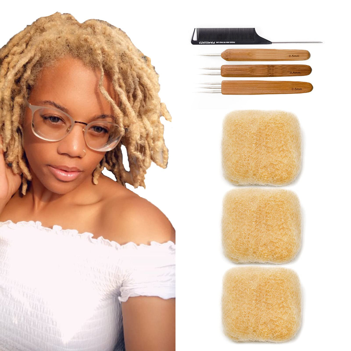 FAMILOCS Afro Kinky Bulk Human Hair for Draedlock Extensions, Repair Locs, Twists and Braids 8 Inch Pack of 3, #613 Blonde