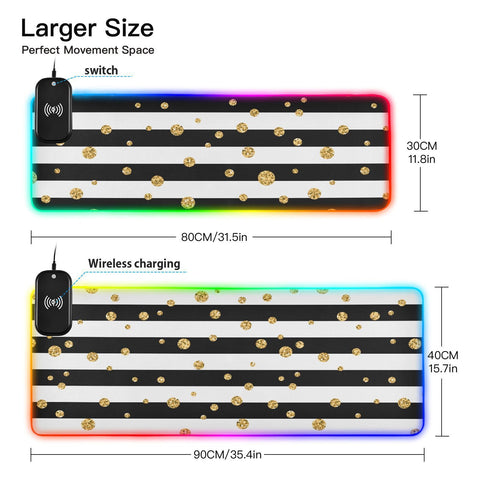 Gold Polka Dot on Lines Wireless Charging Mouse Pad for Mobile Phone Extra Large Gaming Mousepad with 13 Lighting Modes Keyboard Mat for MacBook PC Laptop Desk Office Home Gaming