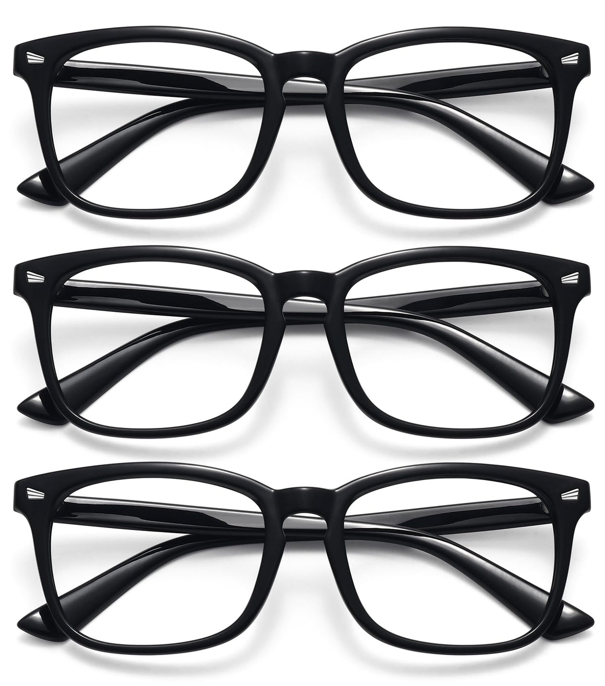 WOWSUN Unisex Stylish Nerd Non-prescription Glasses, Clear Lens Eyeglasses Frames, Fake Glasses, 3 Pack: Bright Black+bright Black+bright Black, Medium