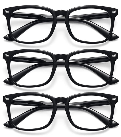 WOWSUN Unisex Stylish Nerd Non-prescription Glasses, Clear Lens Eyeglasses Frames, Fake Glasses, 3 Pack: Bright Black+bright Black+bright Black, Medium