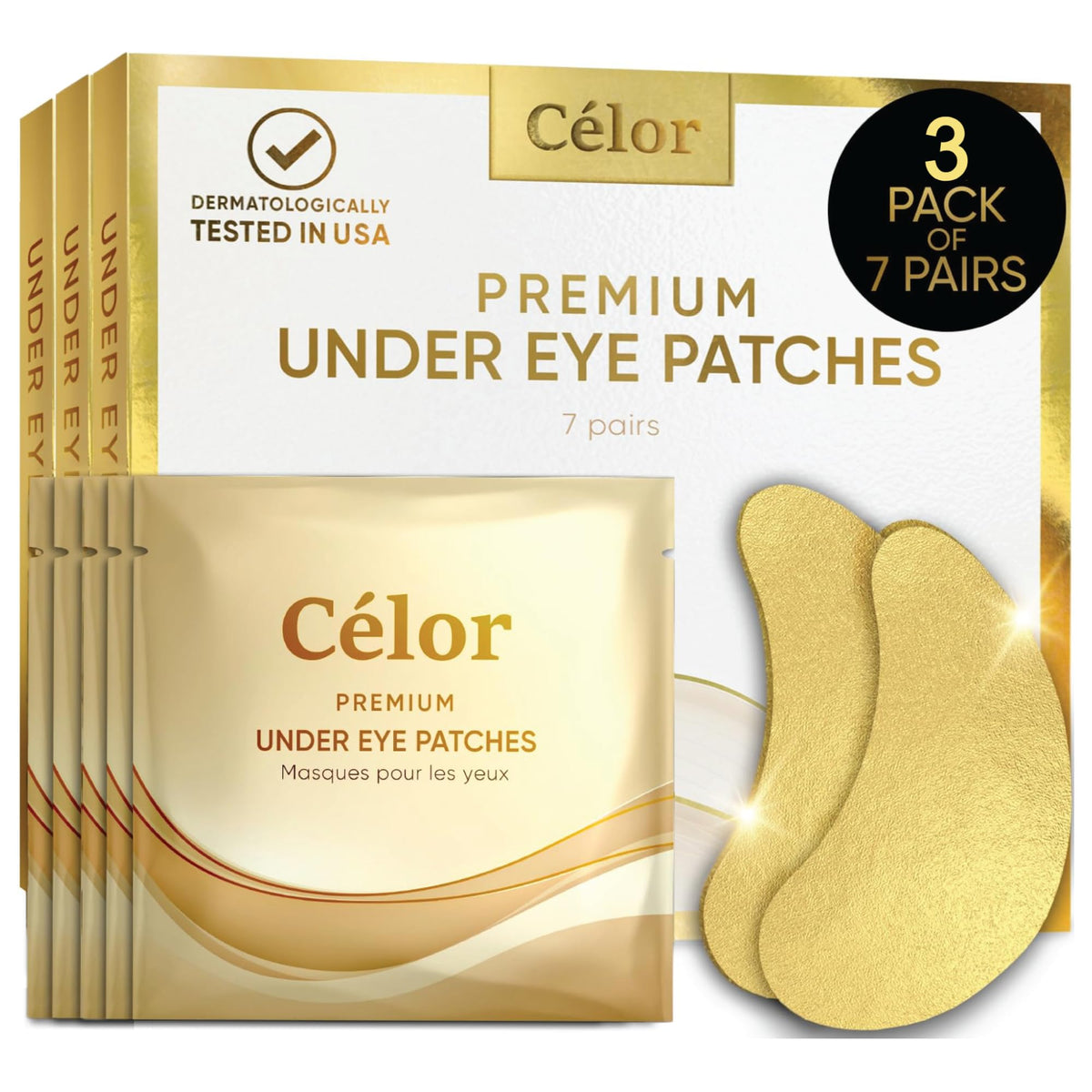 CÃ‰LOR Under Eye Patches Premium - Golden Under Eye Mask Enriched with Hyaluronic Acid, Caffeine, Tea Tree & Collagen, Under Eye Patches for Puffy Eyes, Dark Circles and Puffiness (21 Pairs)