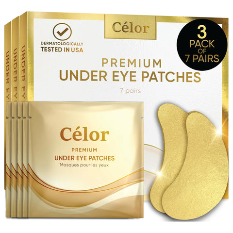 CÃ‰LOR Under Eye Patches Premium - Golden Under Eye Mask Enriched with Hyaluronic Acid, Caffeine, Tea Tree & Collagen, Under Eye Patches for Puffy Eyes, Dark Circles and Puffiness (21 Pairs)