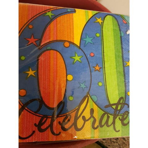 A Year to Celebrate 60th Birthday Party Stars and Rainbow Beverage Napkins Tableware, Pack of 16, Multi , 5"x5" Paper