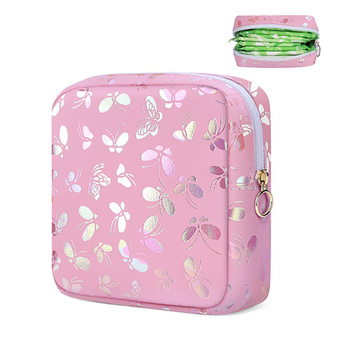 Likesing Period Bag Pouch, Leather Sanitary Napkin Storage Bag for Girls Womens, Portable Sanitary Napkin Period Pad Pouch Bag for Purse, Small Make Up Bags(Pink Butterflies)