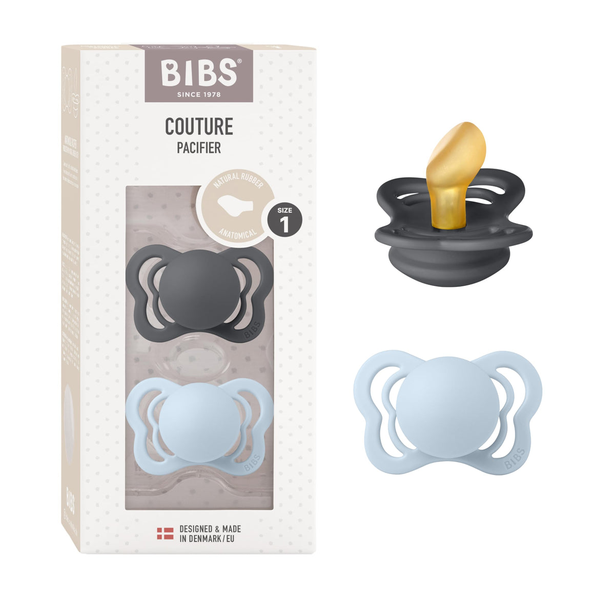 BIBS Pacifiers - Couture Collection | BPA-Free Baby Pacifier | Made in Denmark | Set of 2 Iron/Baby Blue Color Premium Soothers | Size 0-6 Months